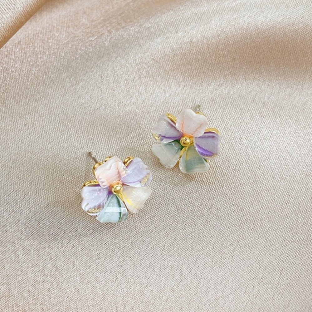 Colorful Flower Acrylic Gold Stud Earrings - Picture 1 of 5